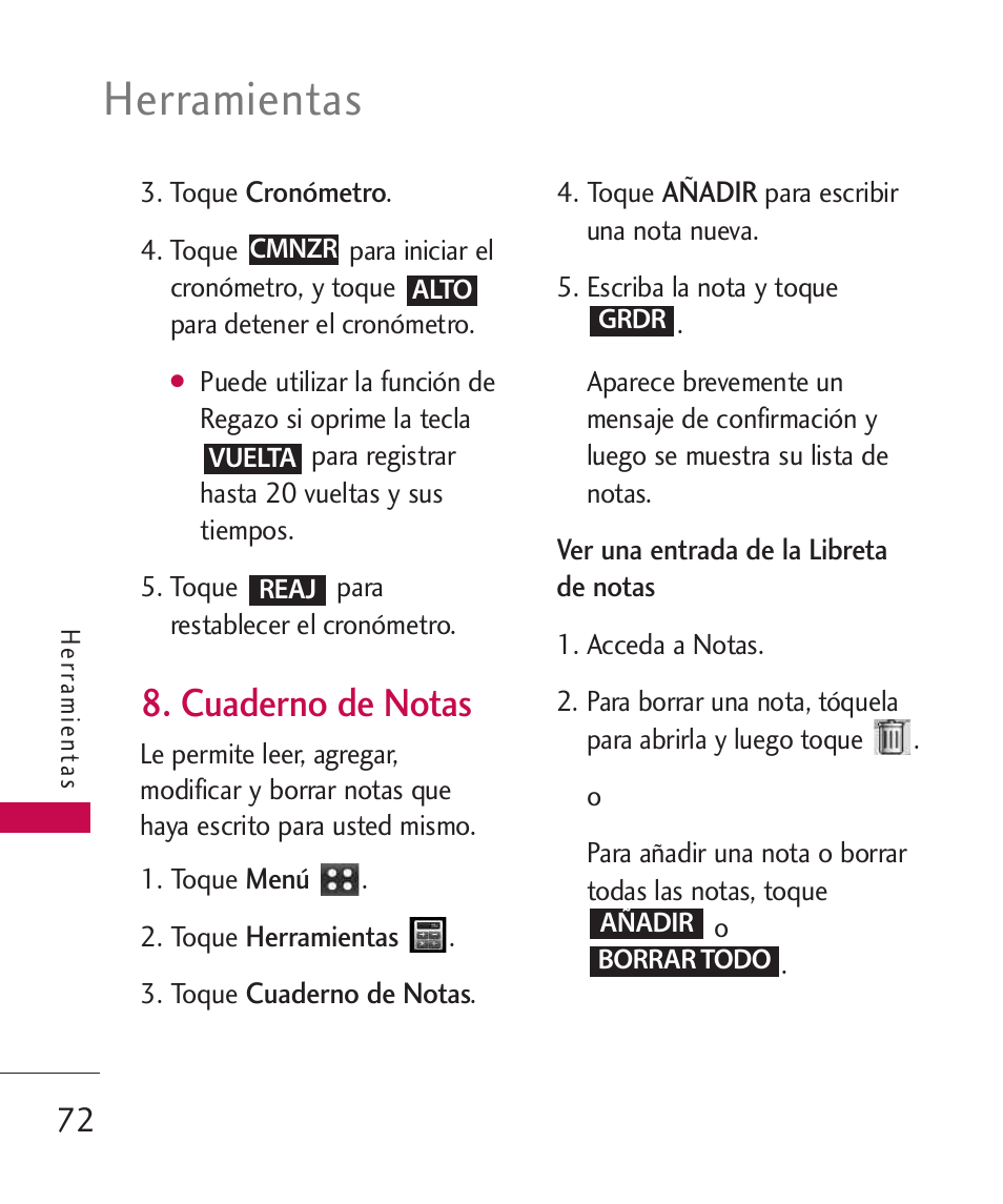 Cuaderno de notas, Herramientas | LG MN270 User Manual | Page 206 / 273