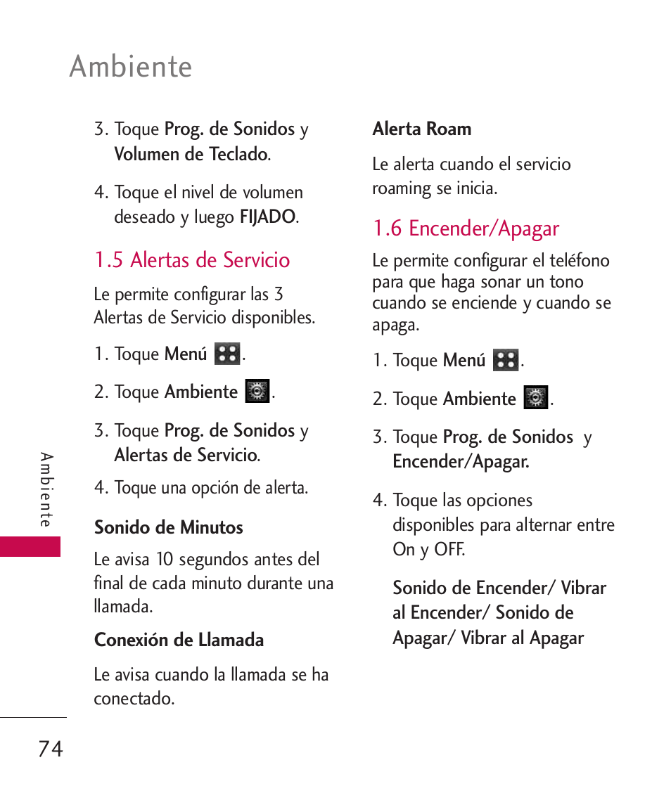 5 alertas de servicio, 6 encender/apagar, Ambiente | LG MN270 User Manual | Page 208 / 273