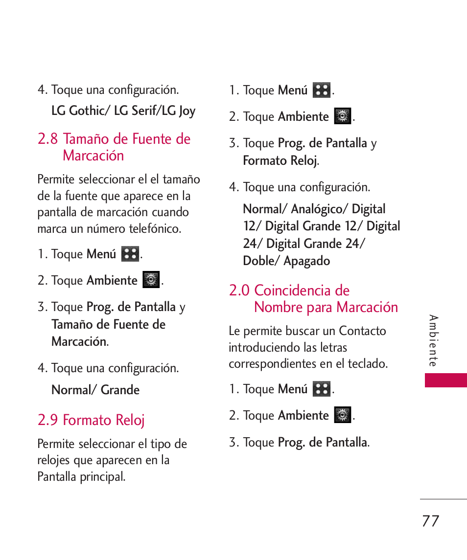 8 tamaño de fuente de ma, 9 formato reloj, 0 coincidencia de nombre | 8 tamaño de fuente de, Marcación, 0 coincidencia de nombre, Para marcación, 8 tamaño de fuente de marcación, 0 coincidencia de nombre para marcación | LG MN270 User Manual | Page 211 / 273
