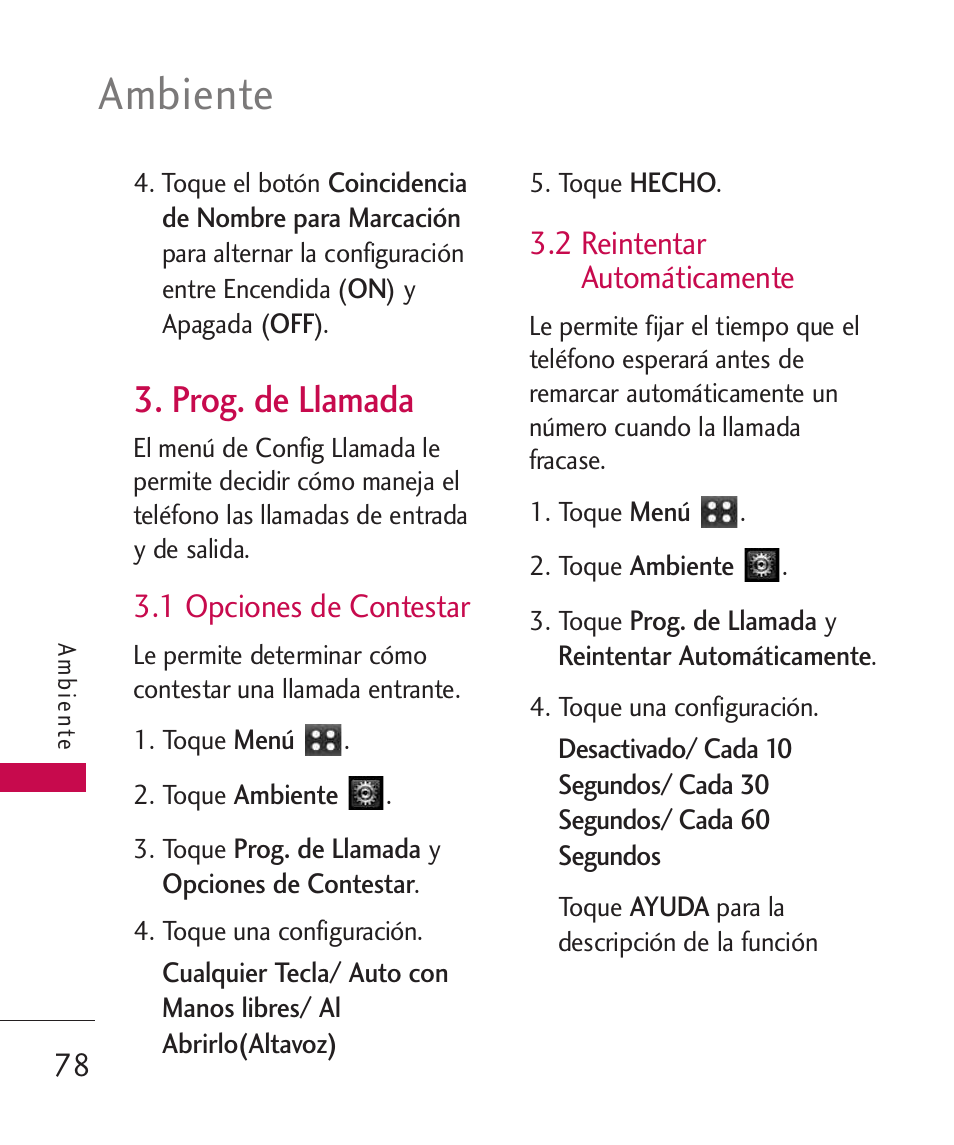 Prog. de llamada, 1 opciones de contestar, 2 reintentar automáticamente | 2 reintentar automáticamente 78, Ambiente | LG MN270 User Manual | Page 212 / 273