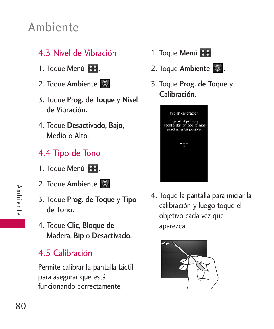 3 nivel de vibración, 4 tipo de tono, 5 calibración | Ambiente, 80 4.3 nivel de vibración | LG MN270 User Manual | Page 214 / 273