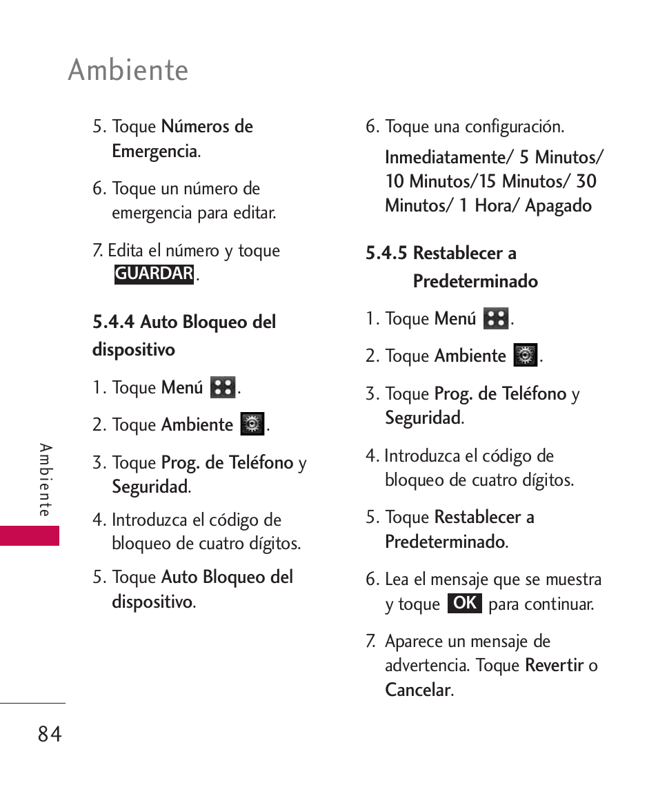 4 auto bloqueo del dis, 5 restablecer a predet, 4 auto bloqueo del | Dispositivo, 5 restablecer a, Predeterminado, Ambiente | LG MN270 User Manual | Page 218 / 273