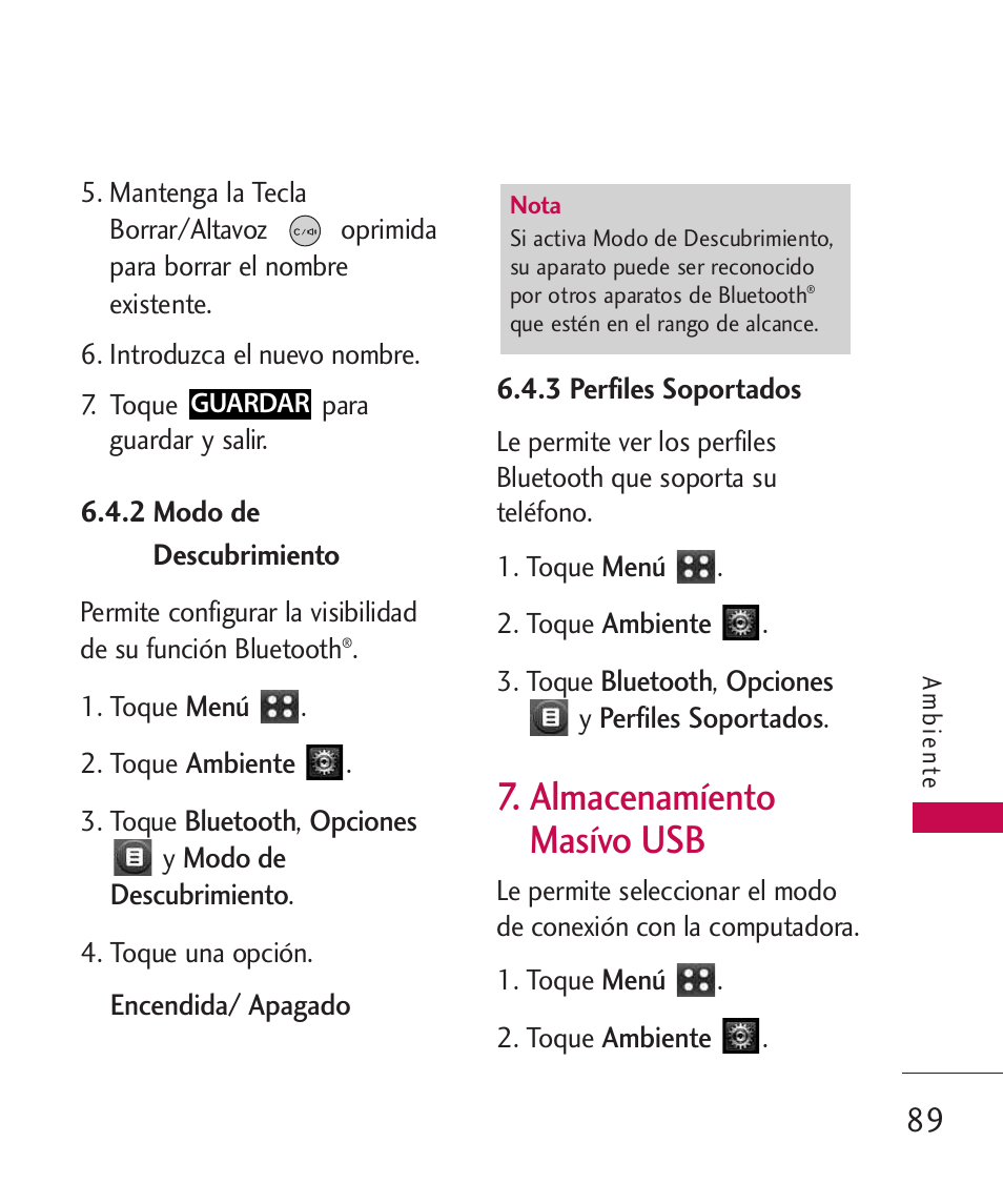 2 modo de descubrimiento, 3 perfiles soportados, 7 almacenamíento masívo usb | 7 almacenamíento masívo, Almacenamíento masívo usb | LG MN270 User Manual | Page 223 / 273