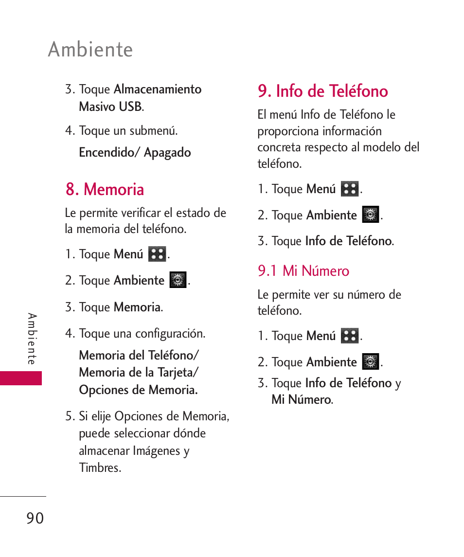 Memoria, Info de teléfono, 1 mi número | Ambiente | LG MN270 User Manual | Page 224 / 273