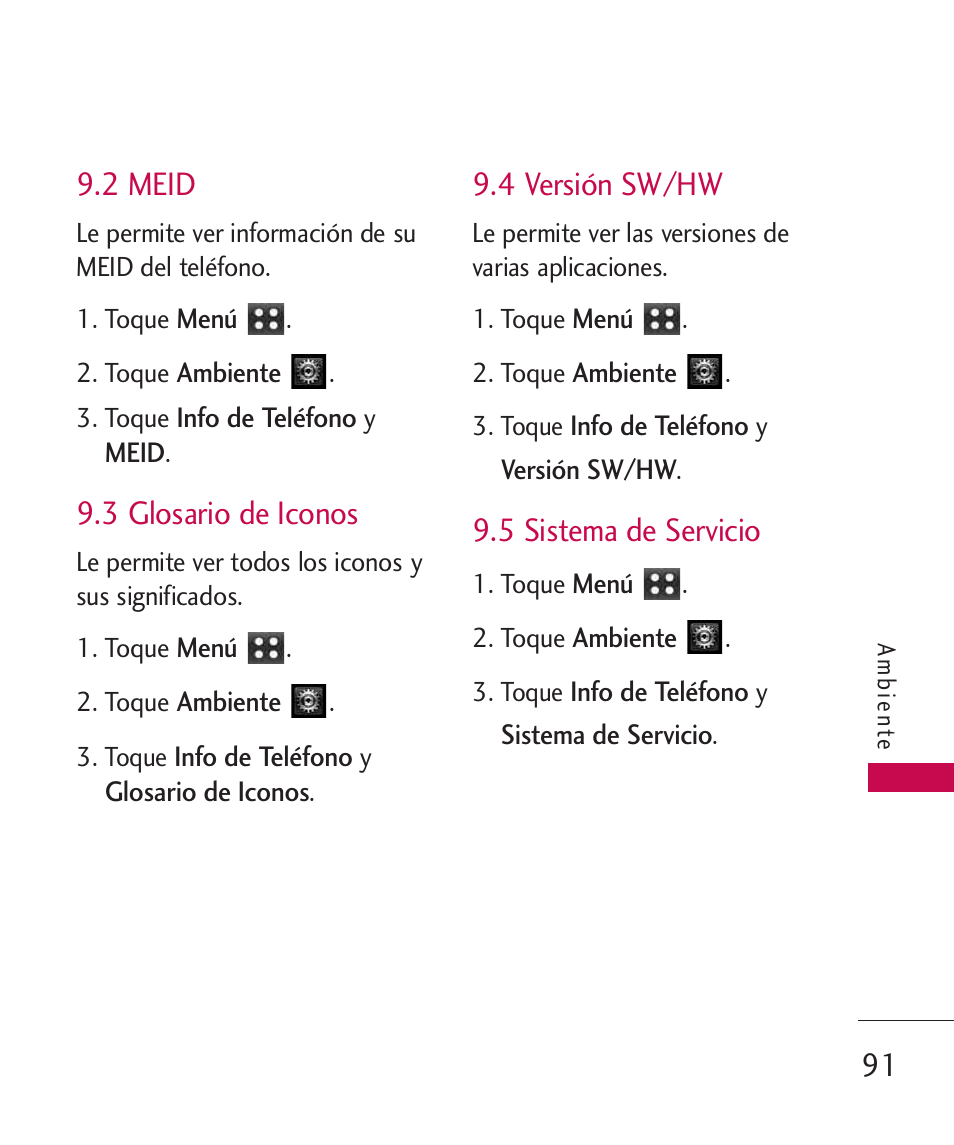 2 meid, 3 glosario de iconos, 4 versión sw/hw | 5 sistema de servicio, 91 9.2 meid | LG MN270 User Manual | Page 225 / 273