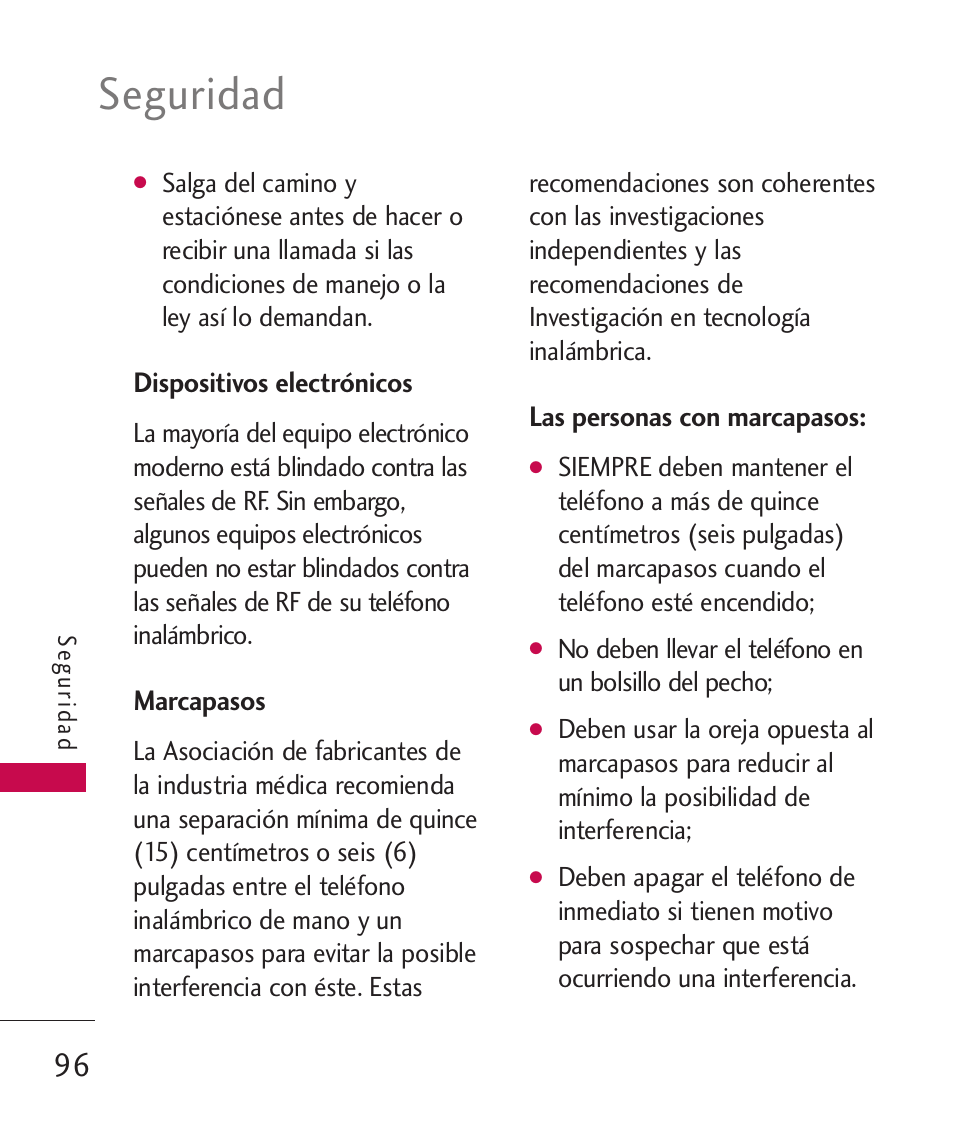 Dispositivos electrónicos, Marcapasos, Las personas con marcapasos | Seguridad | LG MN270 User Manual | Page 230 / 273