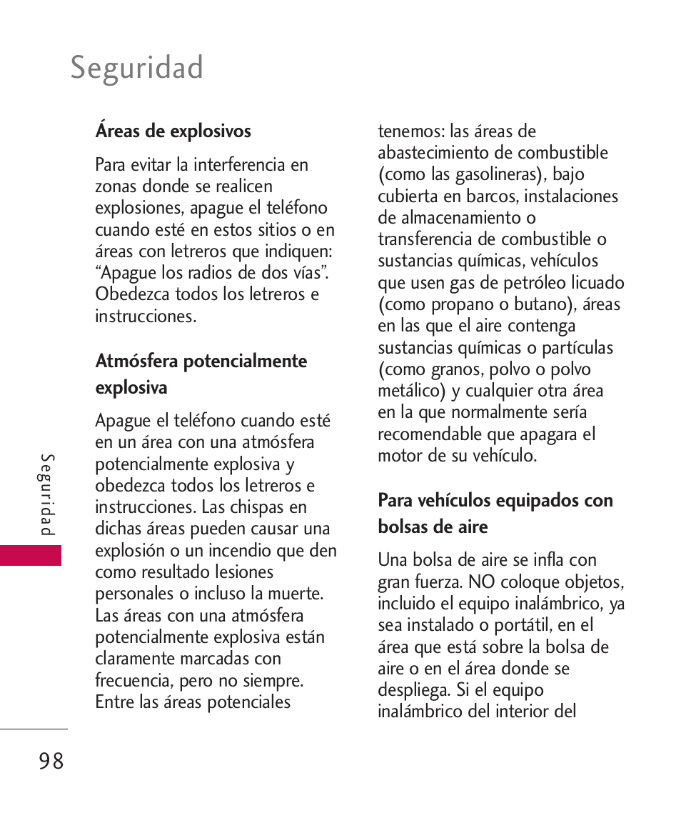 Áreas de explosivos, Atmósfera potencialmente ex, Para vehículos equipados con | Atmósfera potencialmente explosiva, Para vehículos equipados con bolsas de aire, Seguridad | LG MN270 User Manual | Page 232 / 273