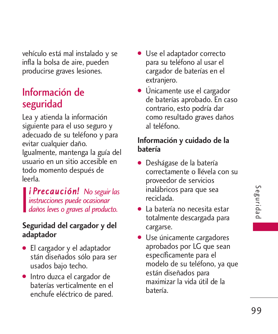 Información de seguridad, Seguridad del cargador y del, Información y cuidado de la | Seguridad del cargador y del adaptador, Información y cuidado de la batería | LG MN270 User Manual | Page 233 / 273