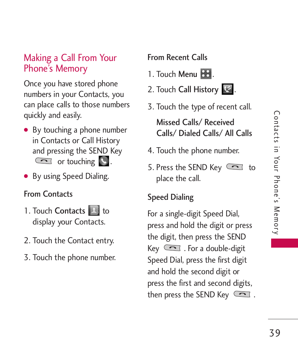 Making a call from your phon, Making a call from your phone’s memory | LG MN270 User Manual | Page 41 / 273