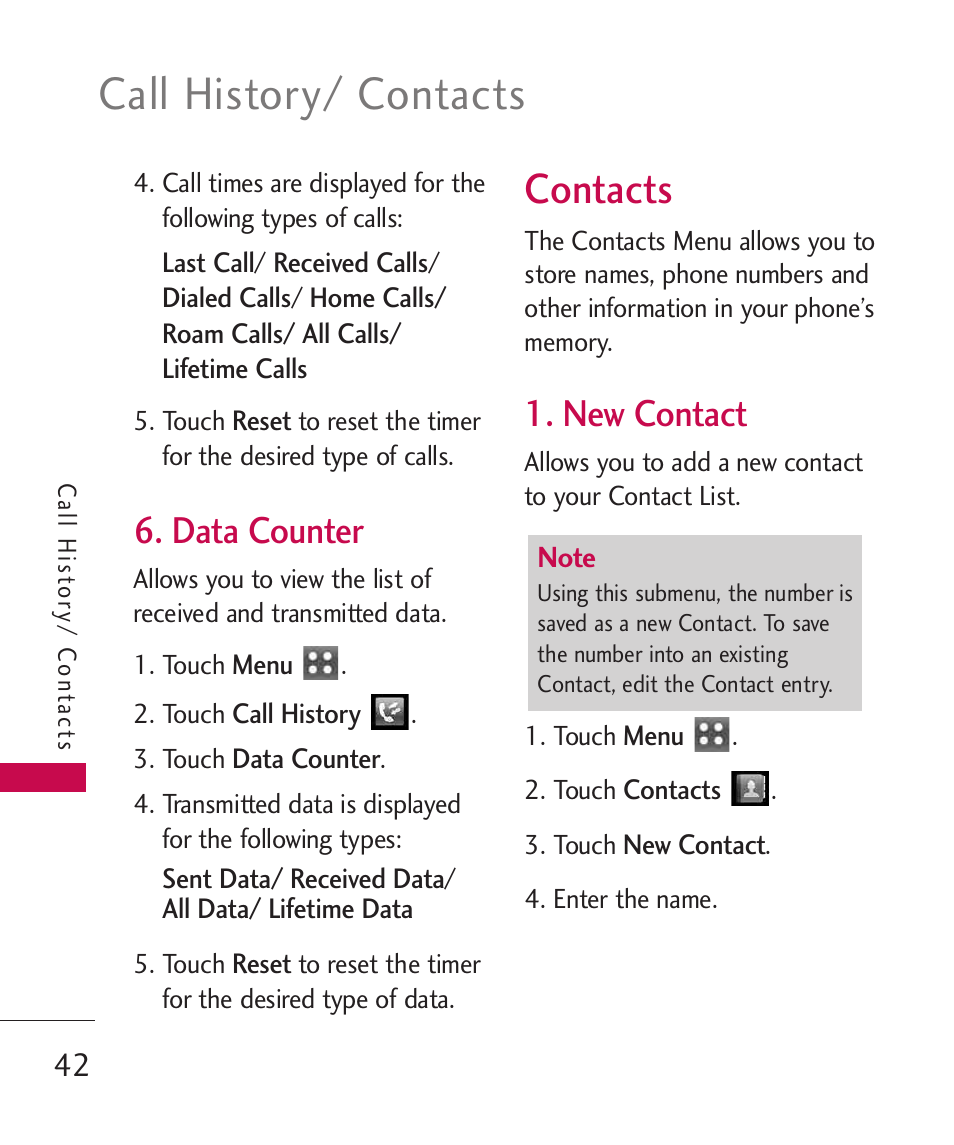 Data counter, Contacts, New contact | Call history/ contacts | LG MN270 User Manual | Page 44 / 273