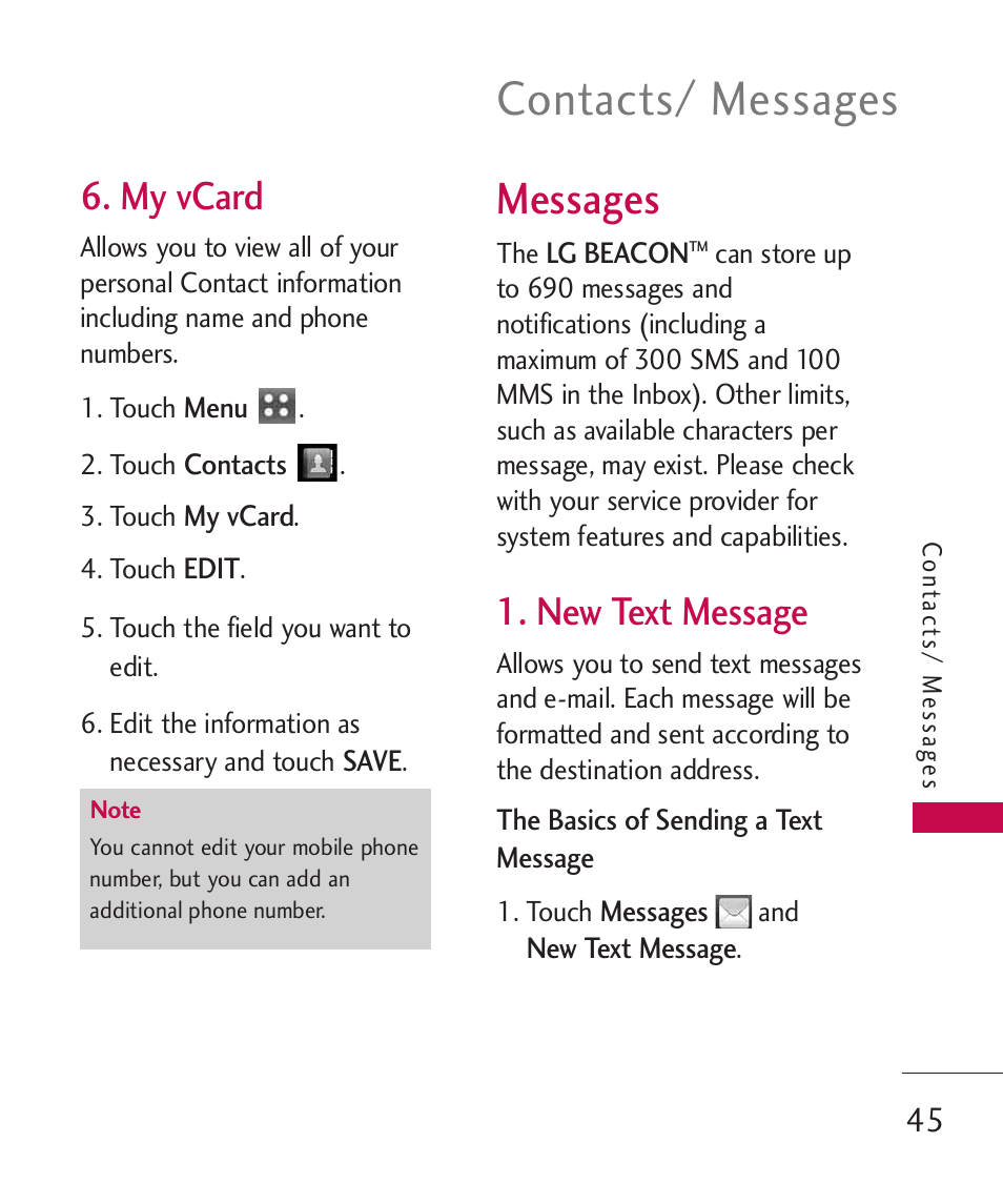 My vcard, Messages, New text message | Contacts/ messages | LG MN270 User Manual | Page 47 / 273