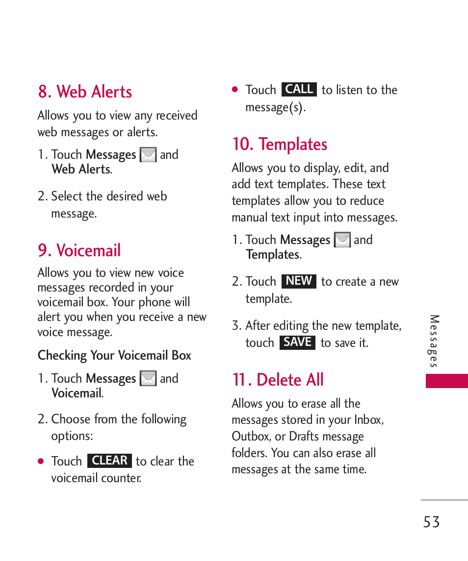 Web alerts, Voicemail, Templates | Delete all | LG MN270 User Manual | Page 55 / 273