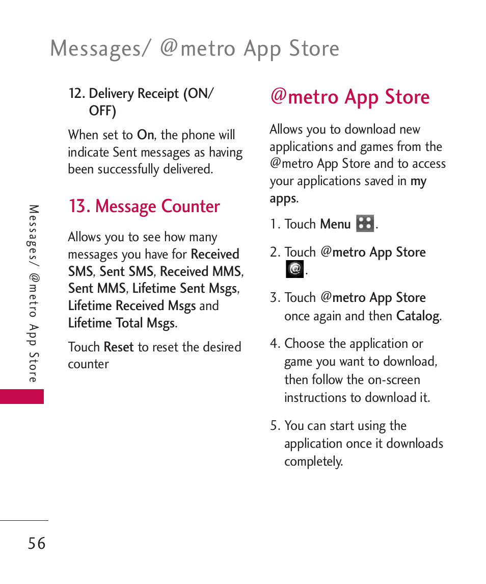 Message counter, Metro app store, Messages/ @metro app store | LG MN270 User Manual | Page 58 / 273