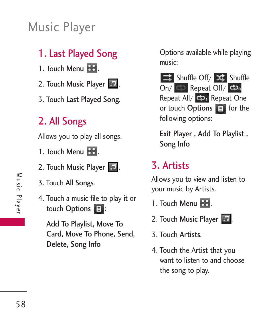 Last played song, All songs, Artists | Music player | LG MN270 User Manual | Page 60 / 273