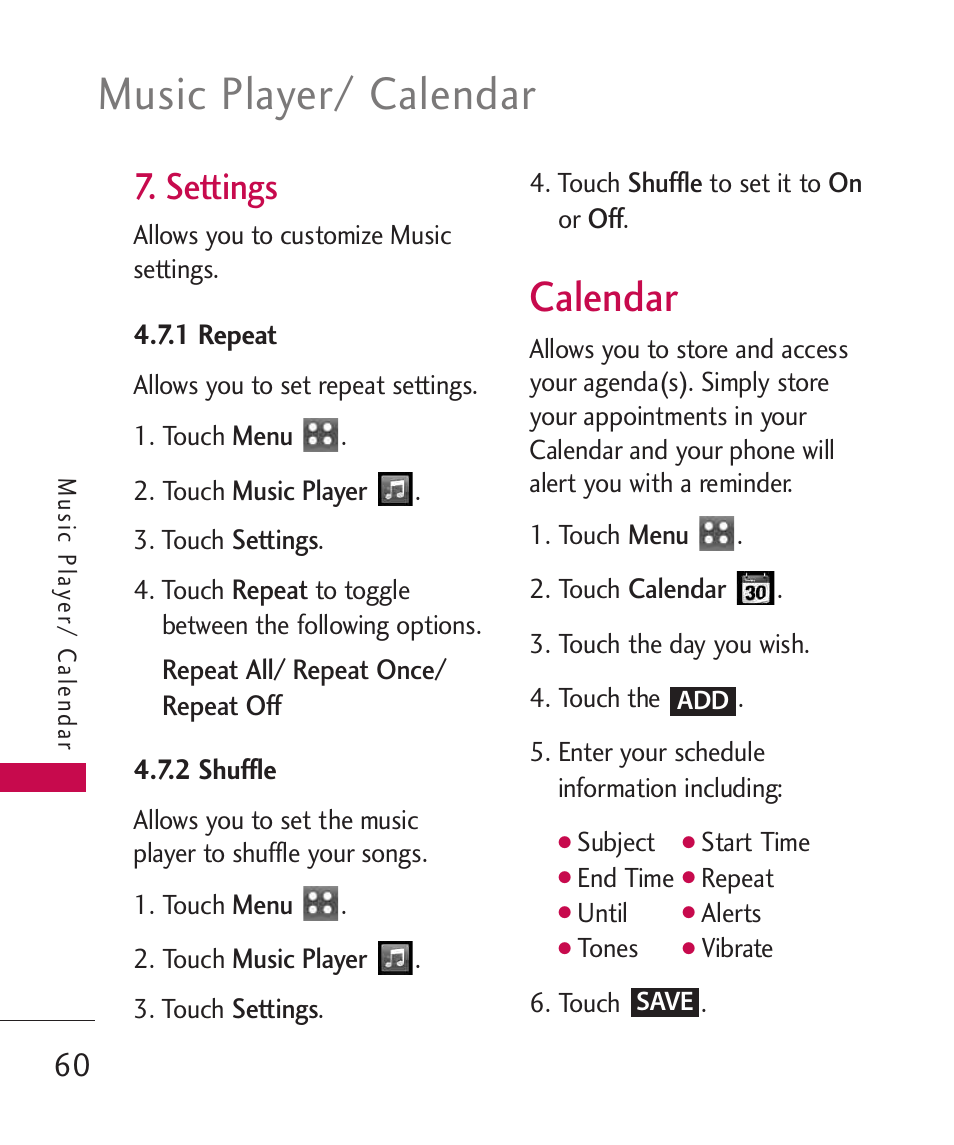 Settings, 1 repeat, 2 shuffle | Calendar, Music player/ calendar | LG MN270 User Manual | Page 62 / 273