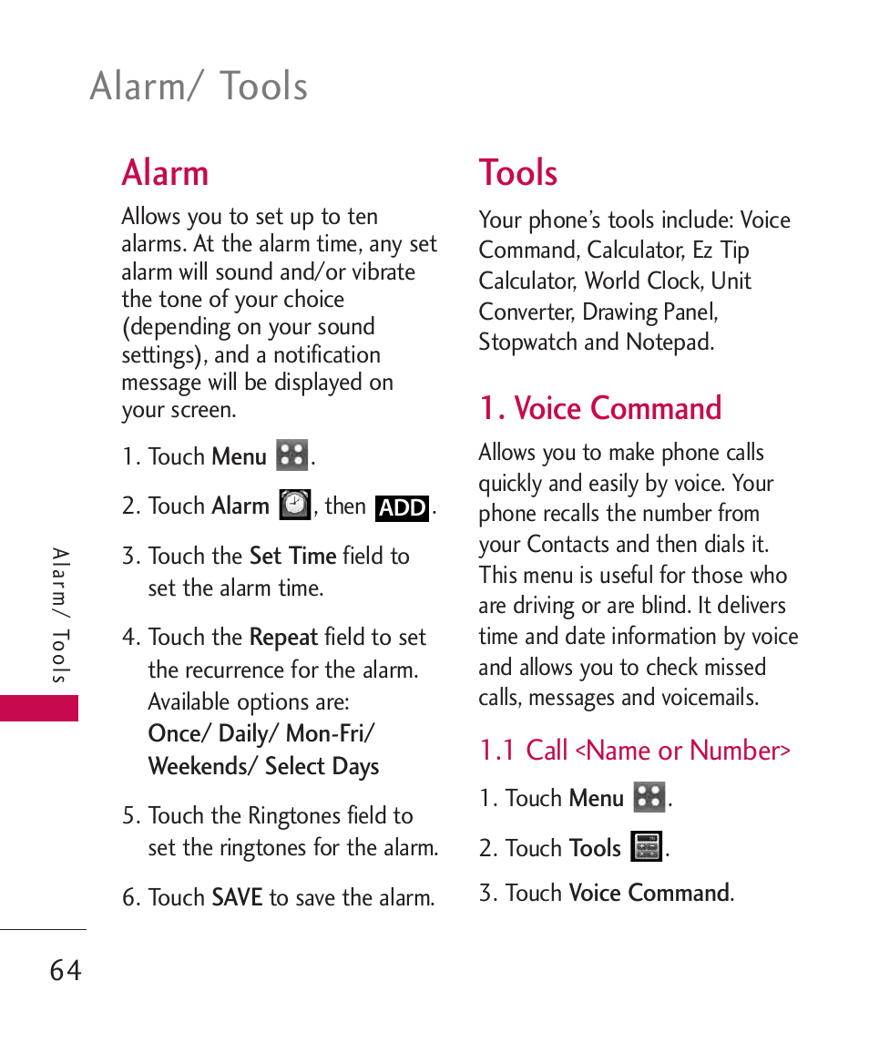 Alarm, Tools, Voice command | 1 call <name or number, 1 call <name or number, Alarm/ tools | LG MN270 User Manual | Page 66 / 273