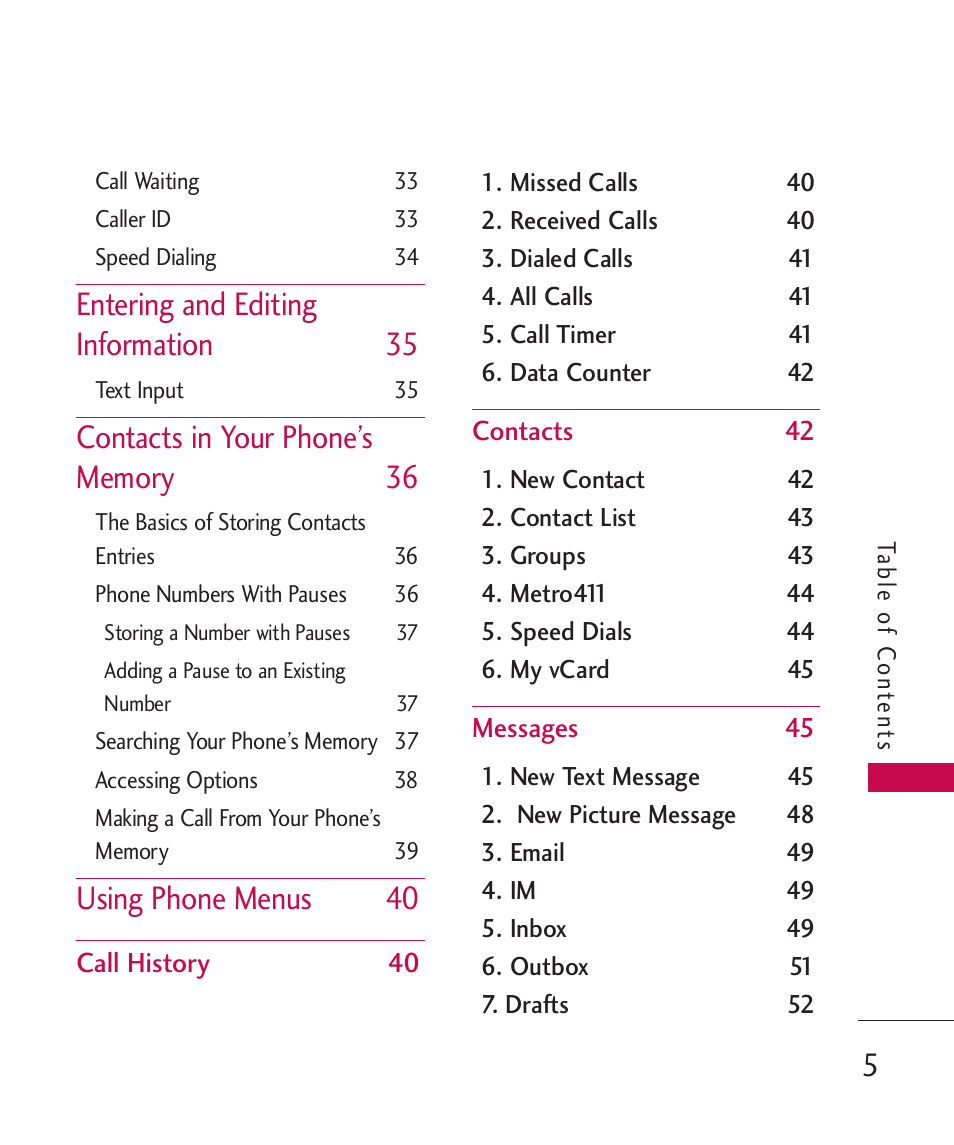 Entering and editing information 35, Using phone menus 40 | LG MN270 User Manual | Page 7 / 273