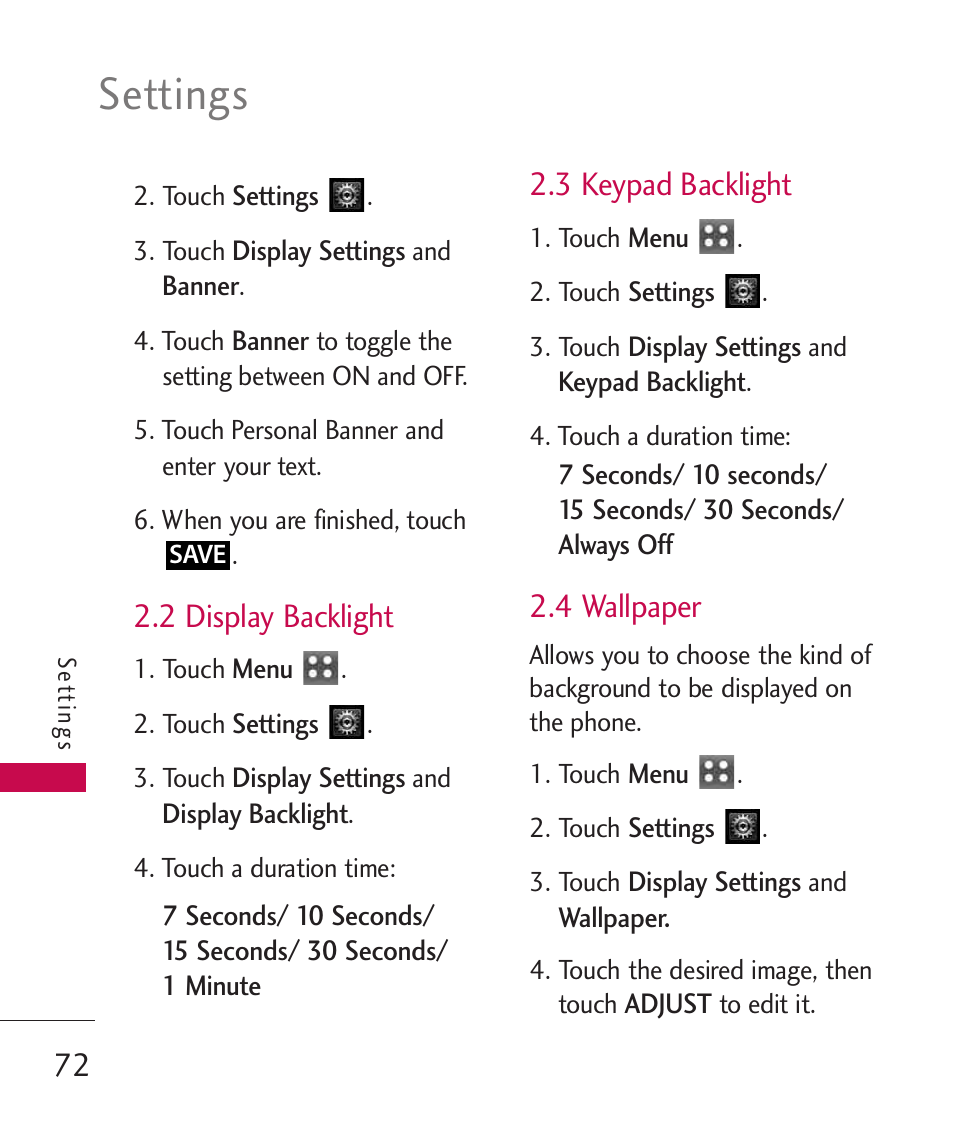 2 display backlight, 3 keypad backlight, 4 wallpaper | Settings | LG MN270 User Manual | Page 74 / 273