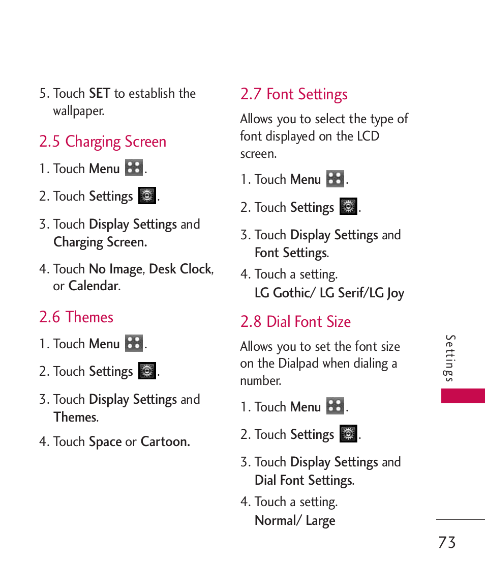5 charging screen, 6 themes, 7 font settings | 8 dial font size | LG MN270 User Manual | Page 75 / 273