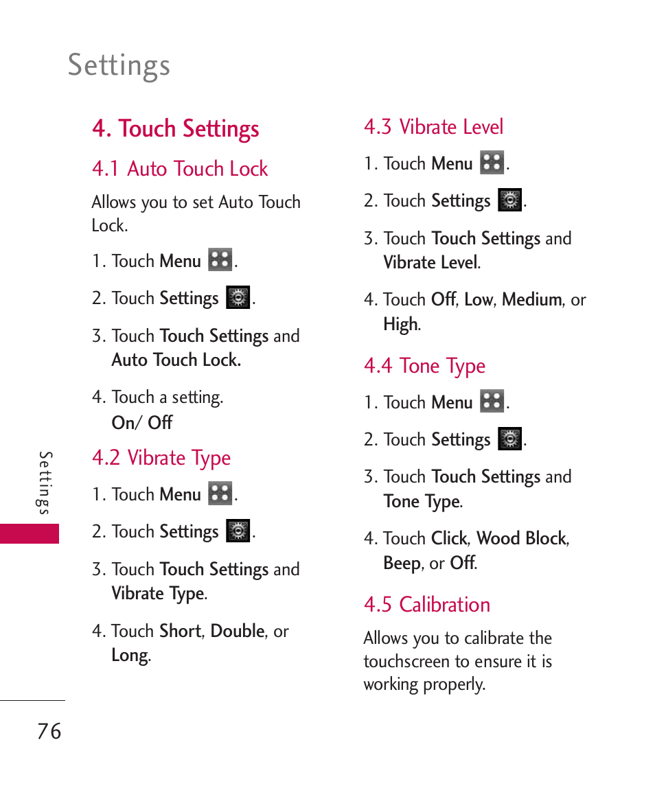 Touch settings, 1 auto touch lock, 2 vibrate type | 3 vibrate level, 4 tone type, 5 calibration, Settings | LG MN270 User Manual | Page 78 / 273