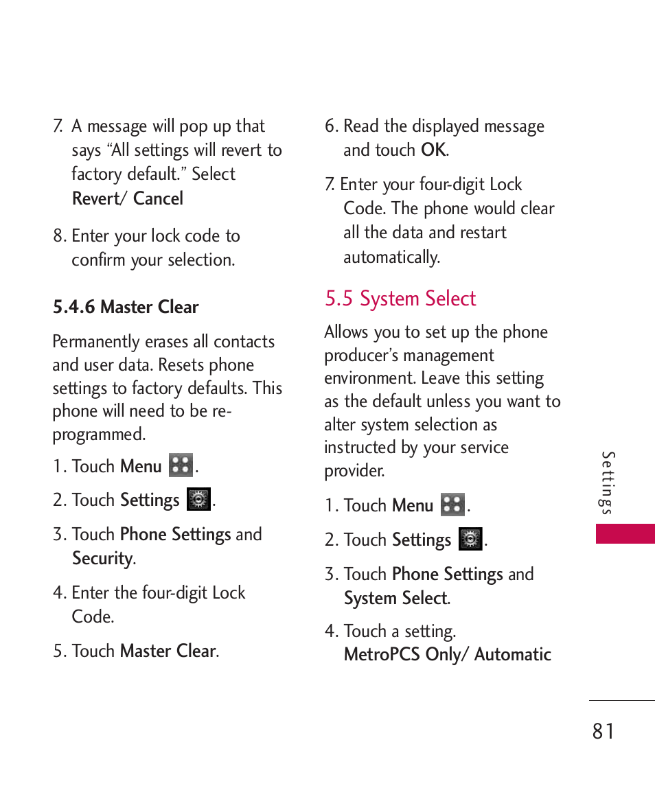 6 master clear, 5 system select | LG MN270 User Manual | Page 83 / 273