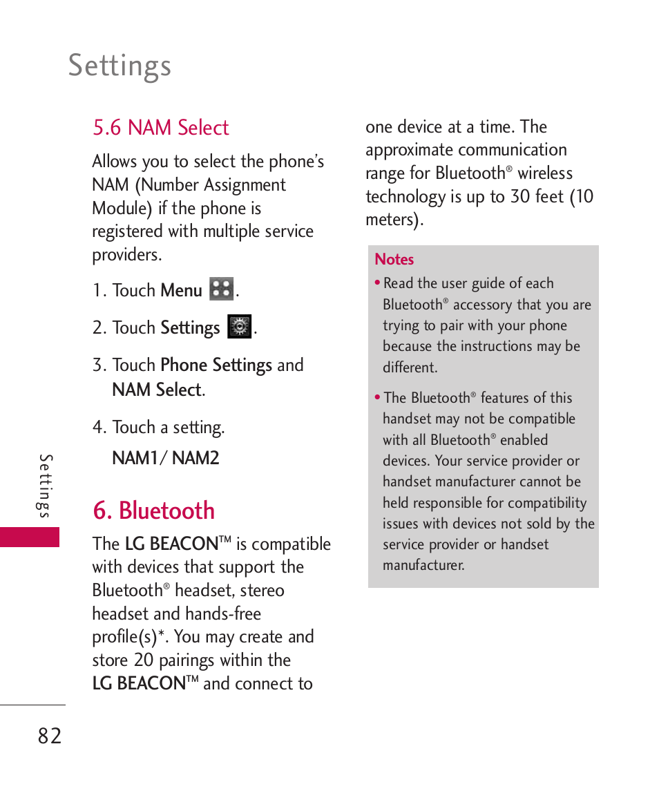 6 nam select, Bluetooth, Settings | LG MN270 User Manual | Page 84 / 273