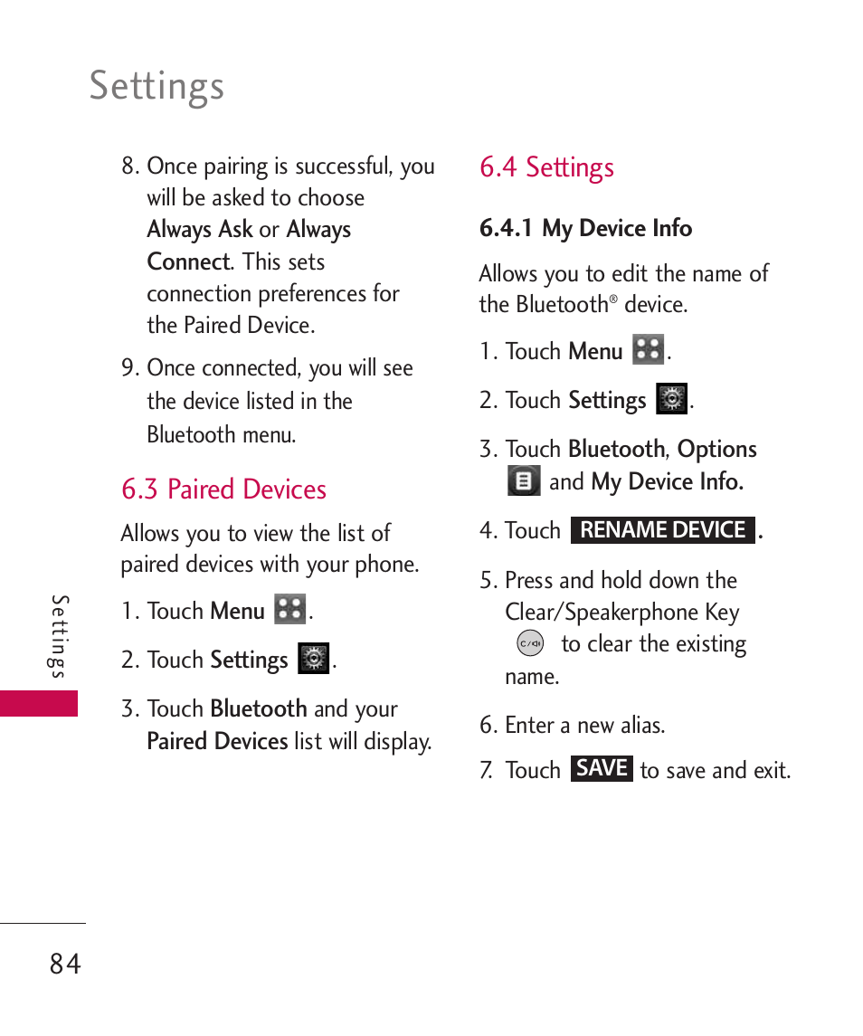 3 paired devices, 4 settings, 1 my device info | Settings | LG MN270 User Manual | Page 86 / 273