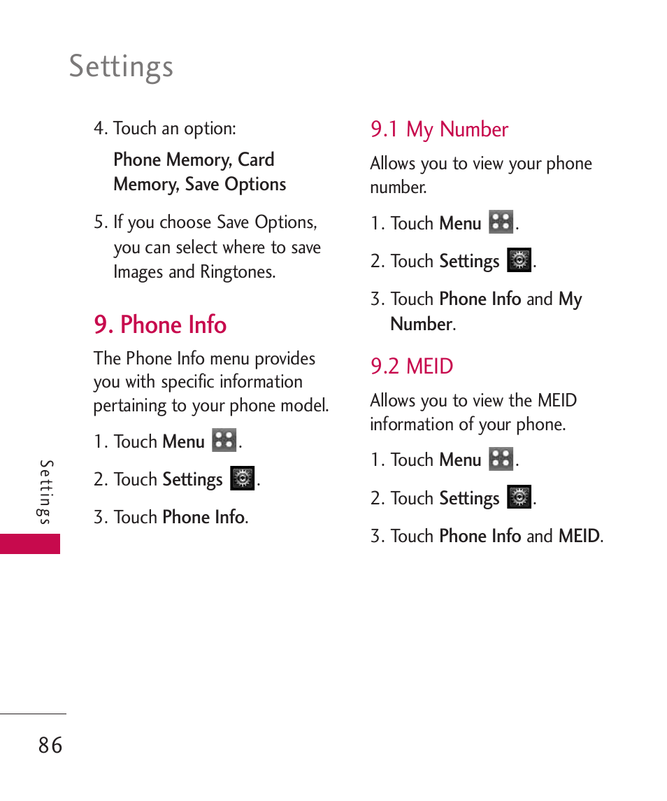 Phone info, 1 my number, 2 meid | Settings | LG MN270 User Manual | Page 88 / 273