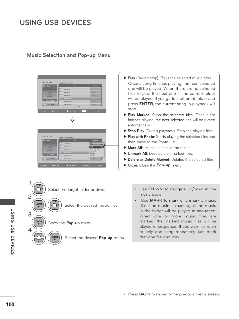 Using usb devices, Music selection and pop-up menu 1 2 3 4, Usin g u sb d ev ic es | LG M2380D-PU User Manual | Page 100 / 126