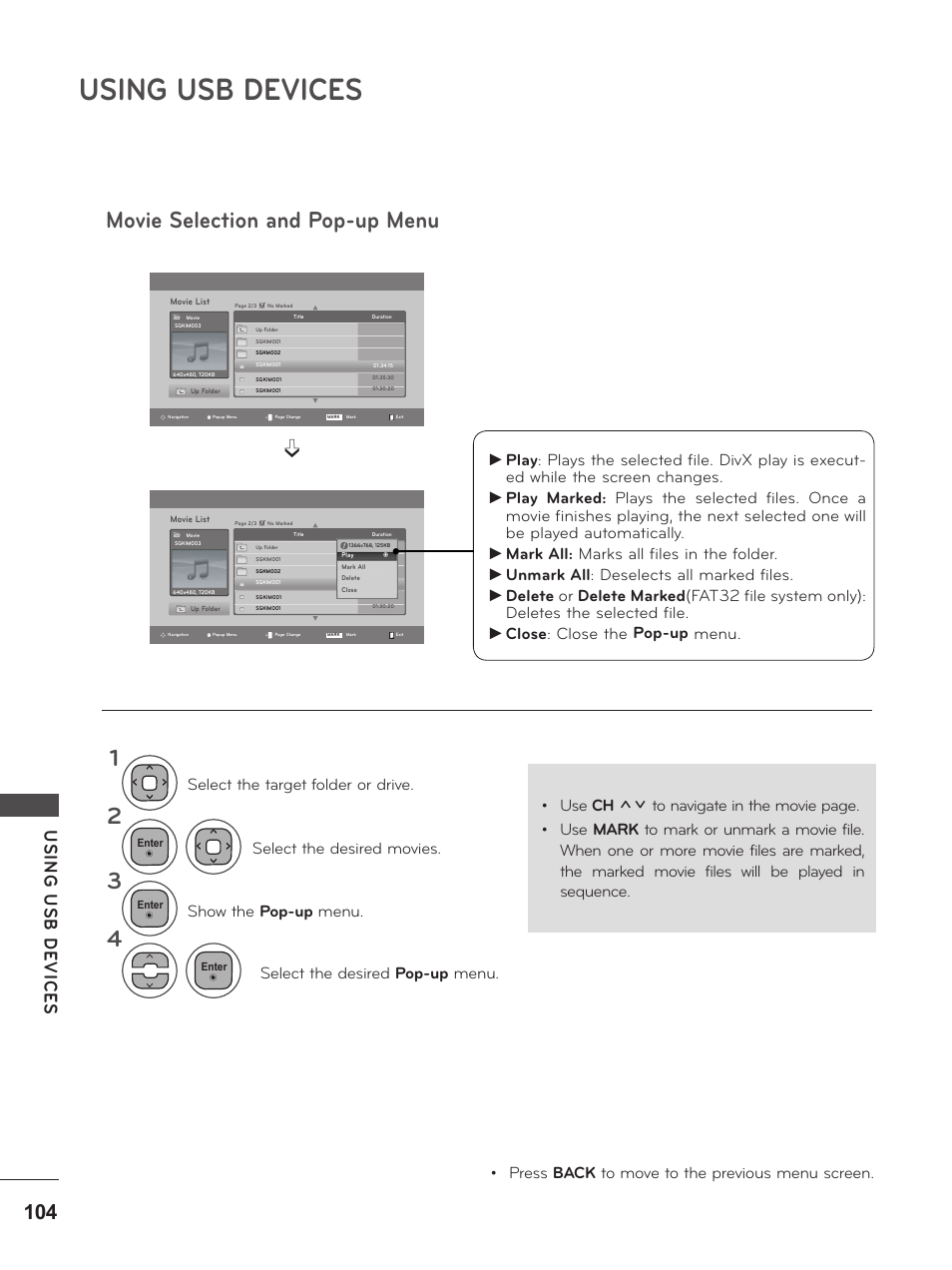 Using usb devices, Movie selection and pop-up menu, Usin g u sb d ev ic es | LG M2380D-PU User Manual | Page 104 / 126