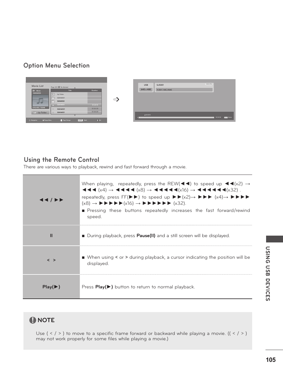 Option menu selection, Using the remote control, Usin g u sb d ev ic es | LG M2380D-PU User Manual | Page 105 / 126