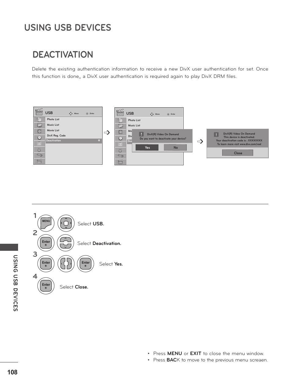 Deactivation, Using usb devices, Usin g u sb d ev ic es | LG M2380D-PU User Manual | Page 108 / 126