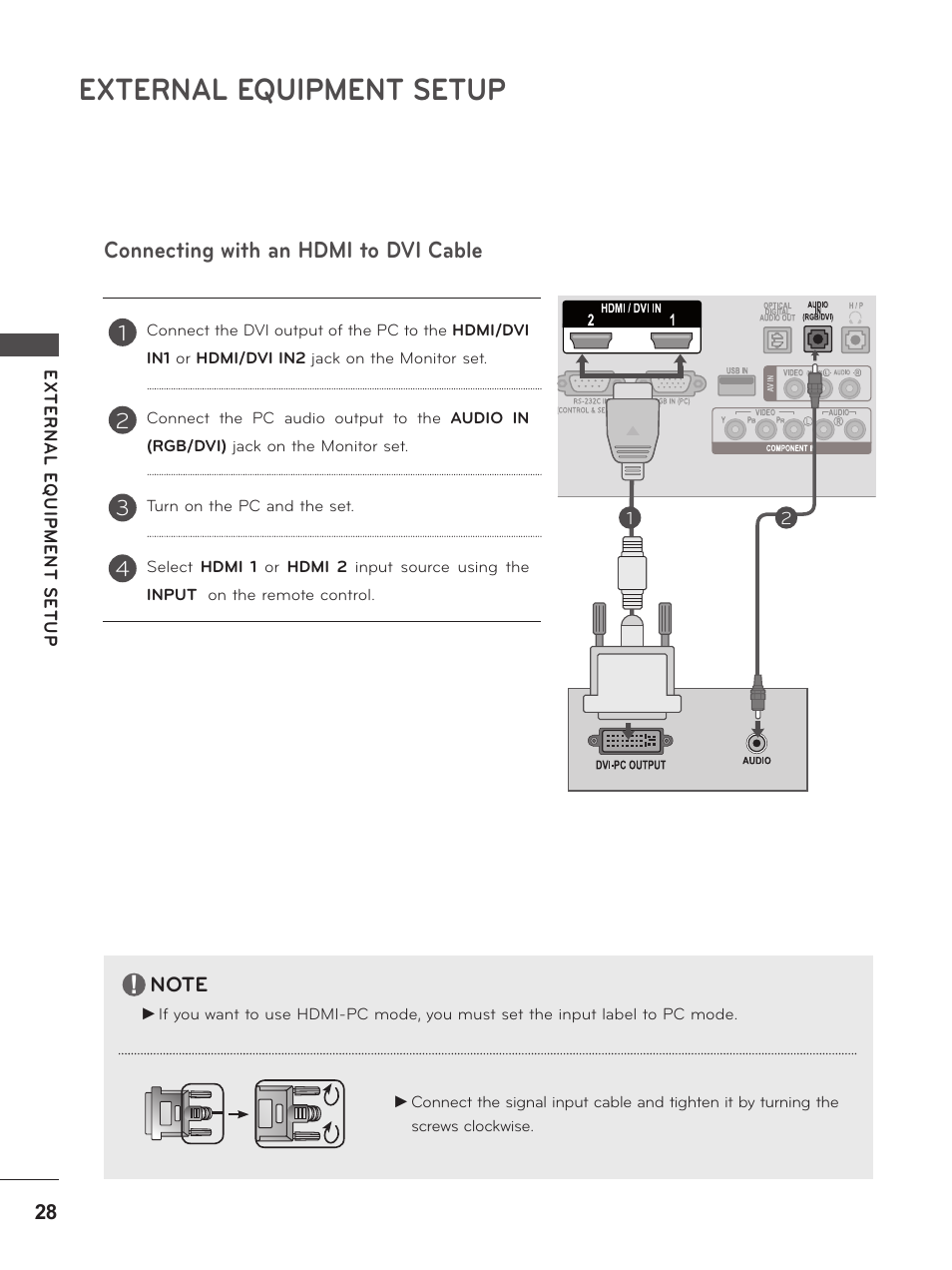 Connecting with an hdmi to dvi cable, External equipment setup | LG M2380D-PU User Manual | Page 28 / 126