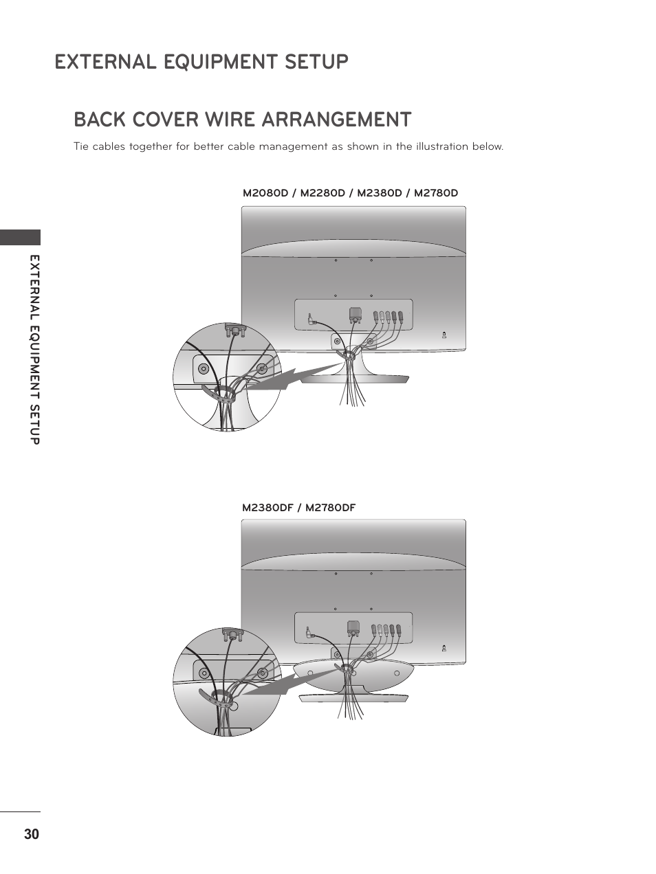 Back cover wire arrangement, External equipment setup | LG M2380D-PU User Manual | Page 30 / 126