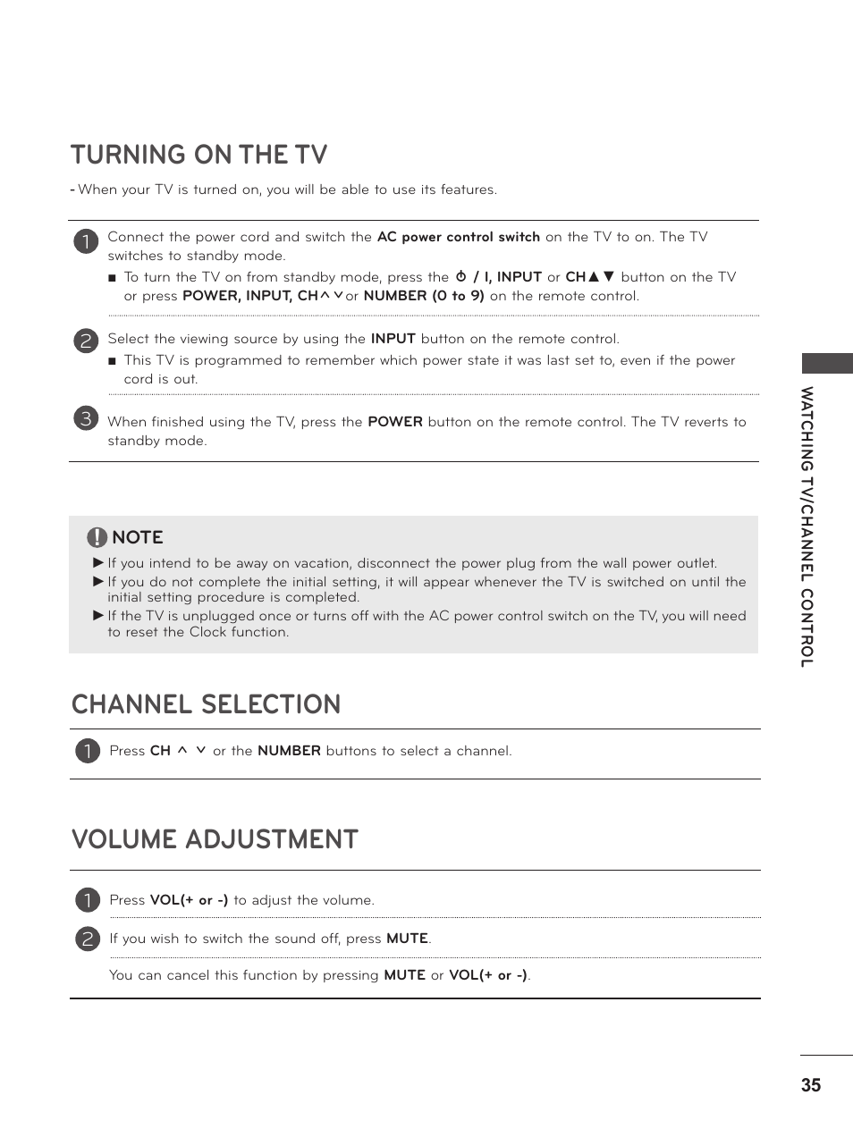 Turning on the tv, Channel selection, Volume adjustment | Channel selection volume adjustment | LG M2380D-PU User Manual | Page 35 / 126