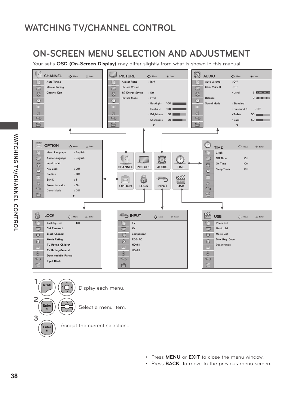 On-screen menu selection and adjustment, On-screen menu selection and, Adjustment | P. 38, Watching tv/channel control | LG M2380D-PU User Manual | Page 38 / 126