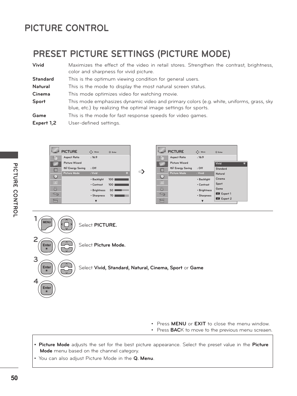 Preset picture settings (picture mode), Preset picture settings(picture mode), Picture control | LG M2380D-PU User Manual | Page 50 / 126