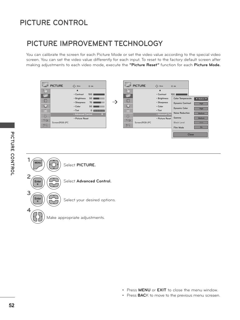Picture improvement technology, Picture control | LG M2380D-PU User Manual | Page 52 / 126