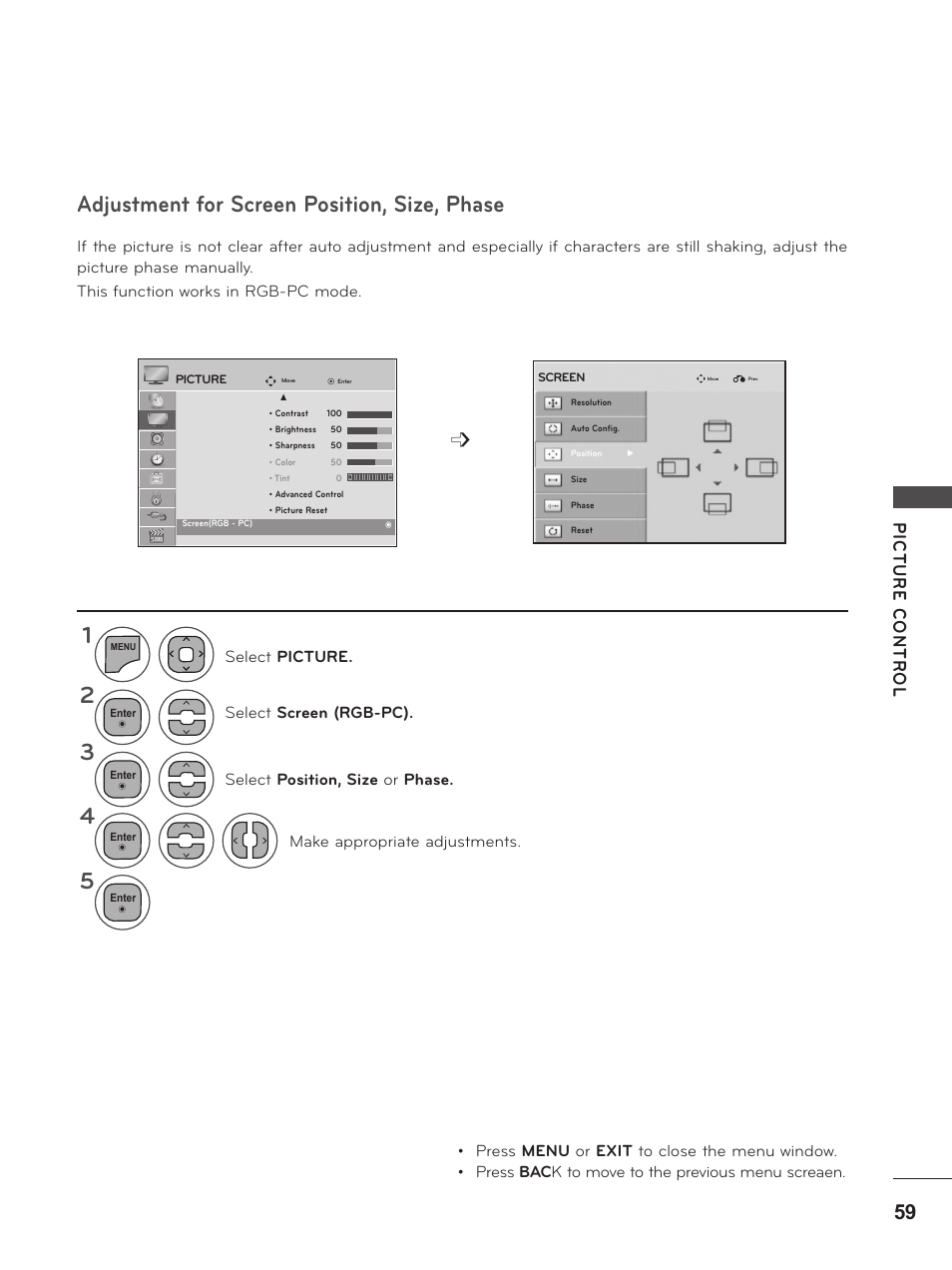 Adjustment for screen position, size, phase | LG M2380D-PU User Manual | Page 59 / 126