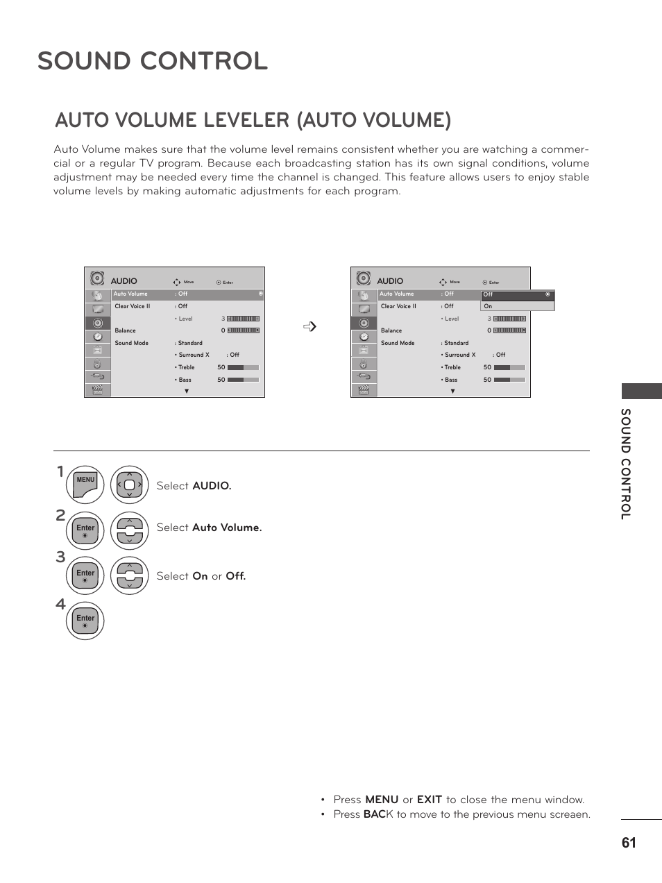 Sound control, Auto volume leveler (auto volume) | LG M2380D-PU User Manual | Page 61 / 126