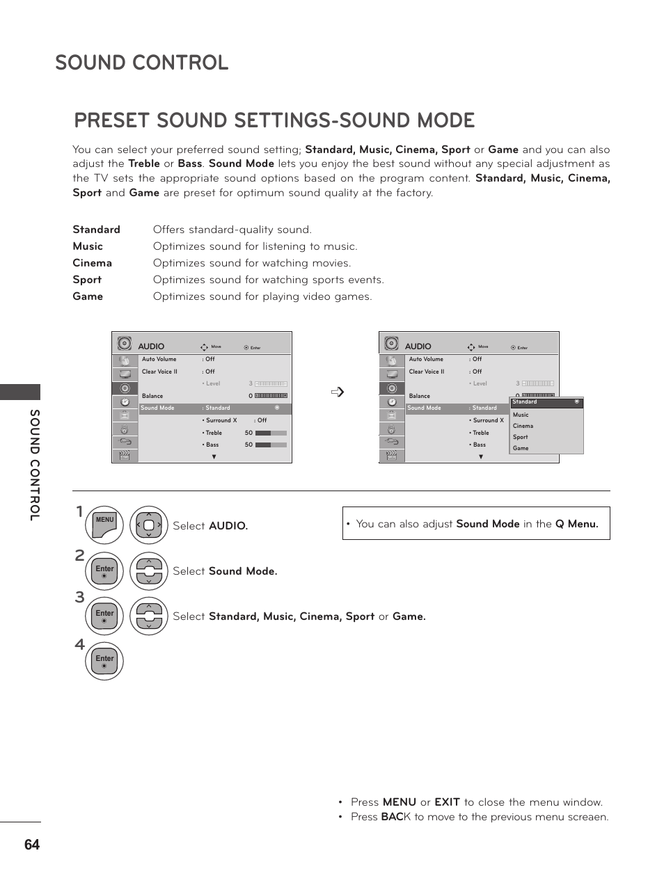 Preset sound settings-sound mode, Preset sound settings -sound mode, Sound control | LG M2380D-PU User Manual | Page 64 / 126
