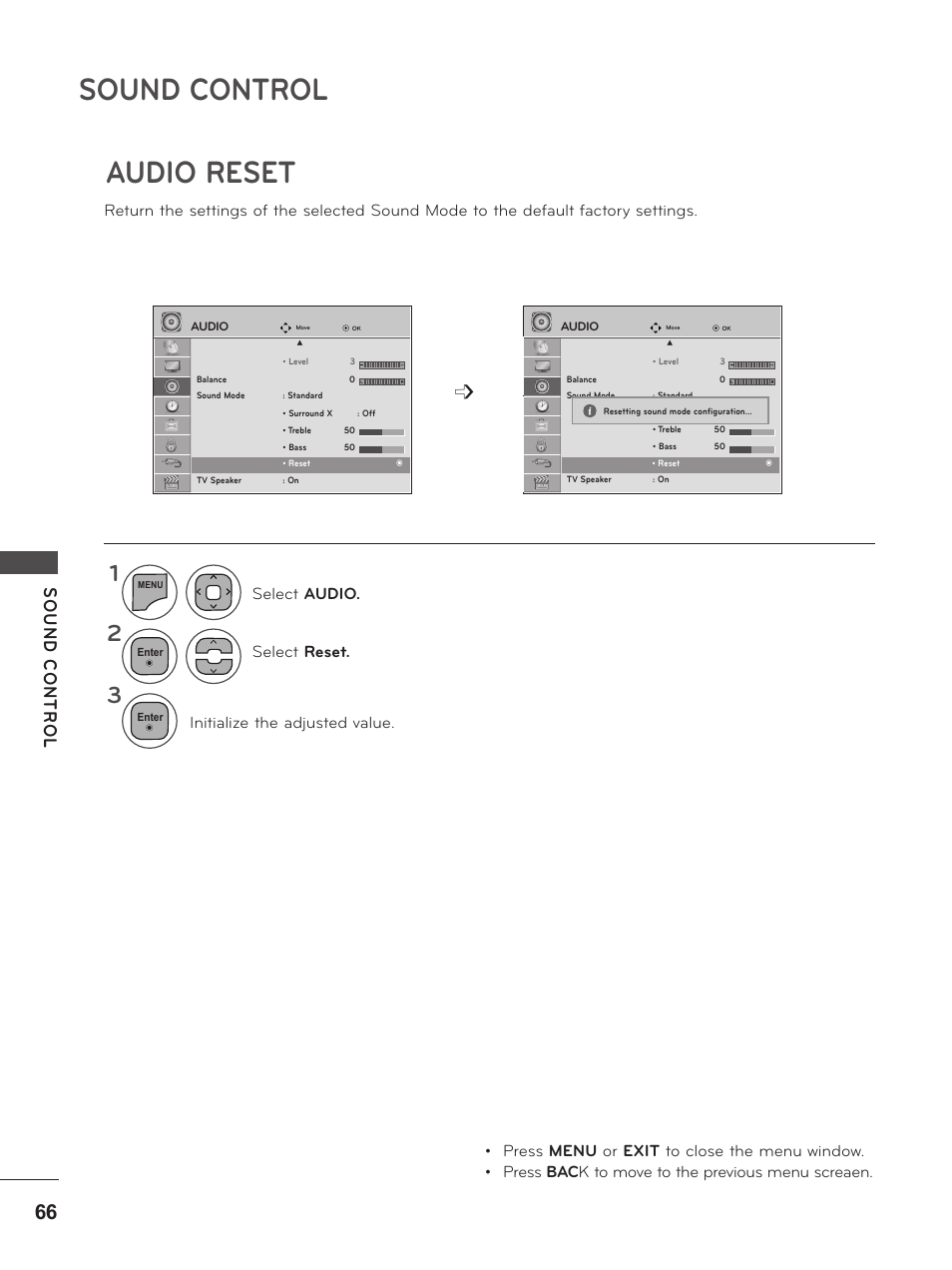 Audio reset, Sound control | LG M2380D-PU User Manual | Page 66 / 126