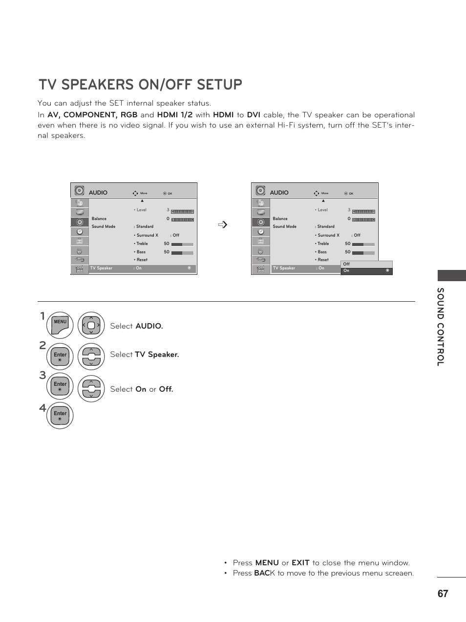 Tv speakers on/off setup | LG M2380D-PU User Manual | Page 67 / 126