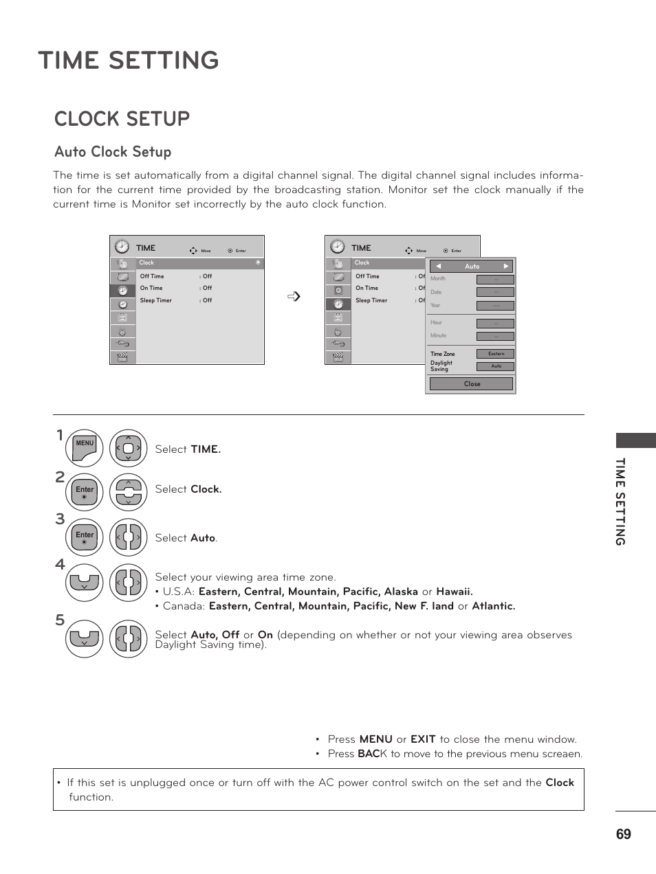 Time setting, Clock setup, Auto clock setup | Tim e se tt in g | LG M2380D-PU User Manual | Page 69 / 126
