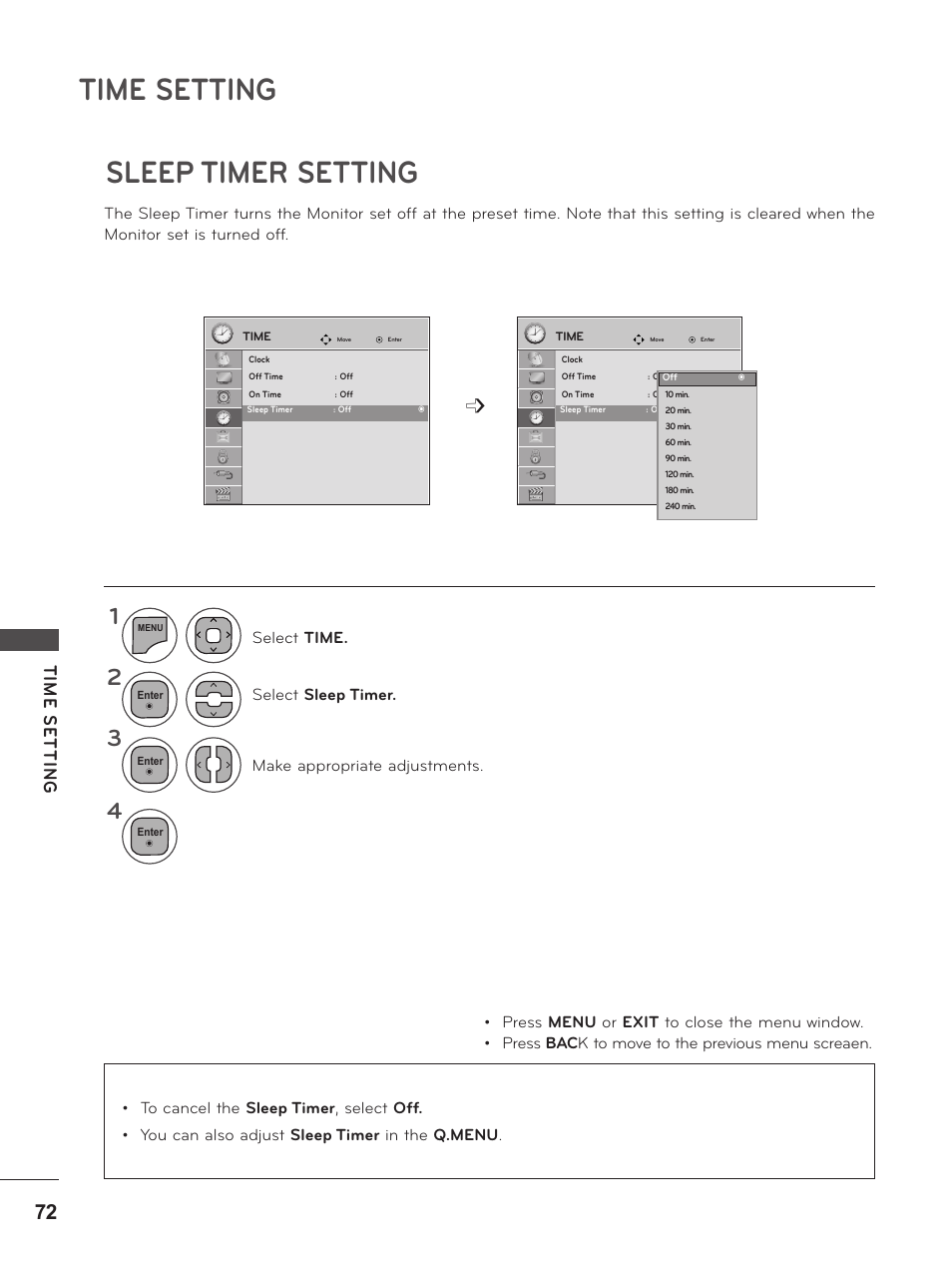 Sleep timer setting, Time setting, Tim e se tt in g | LG M2380D-PU User Manual | Page 72 / 126