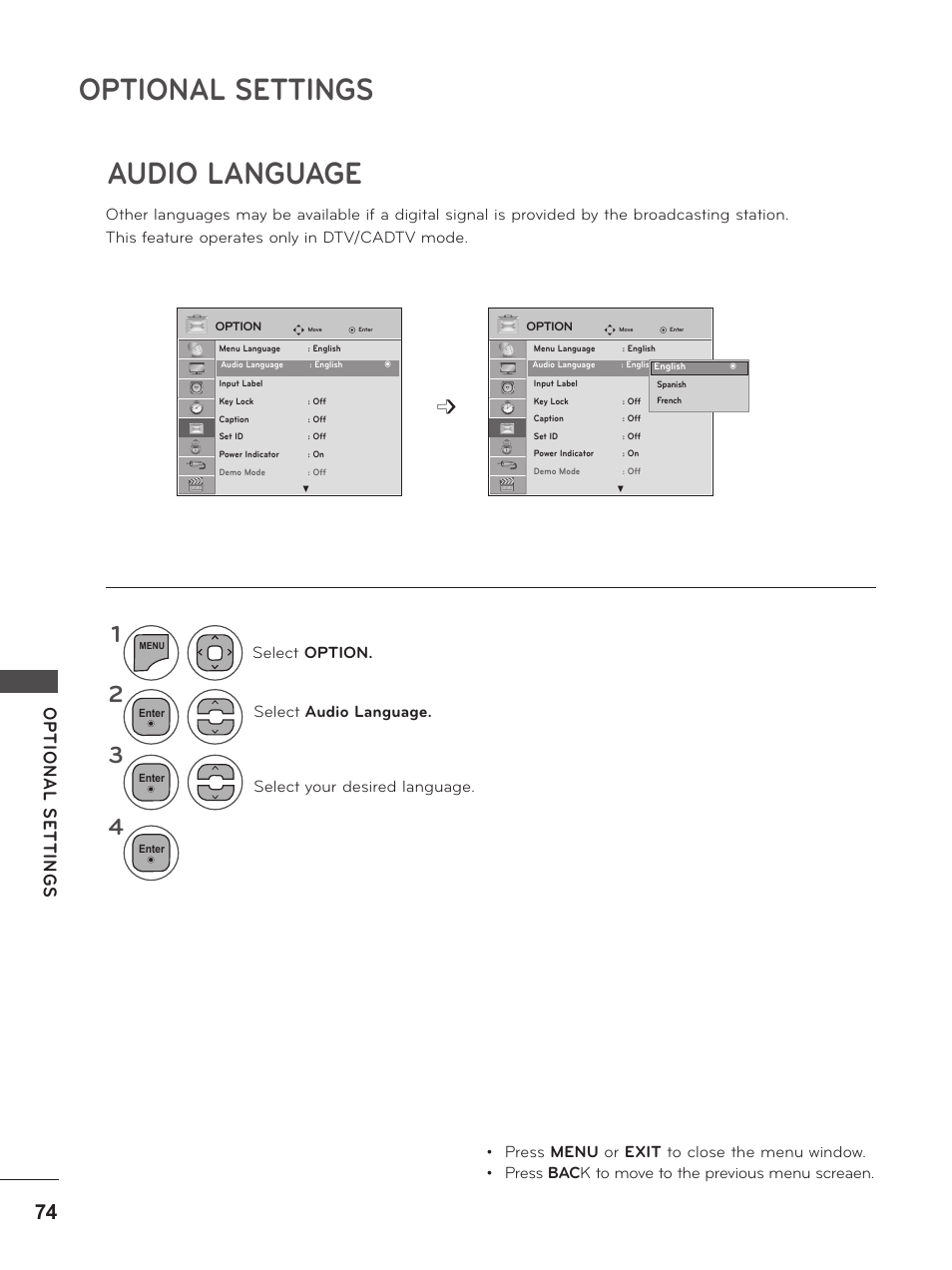 Audio language, Optional settings | LG M2380D-PU User Manual | Page 74 / 126