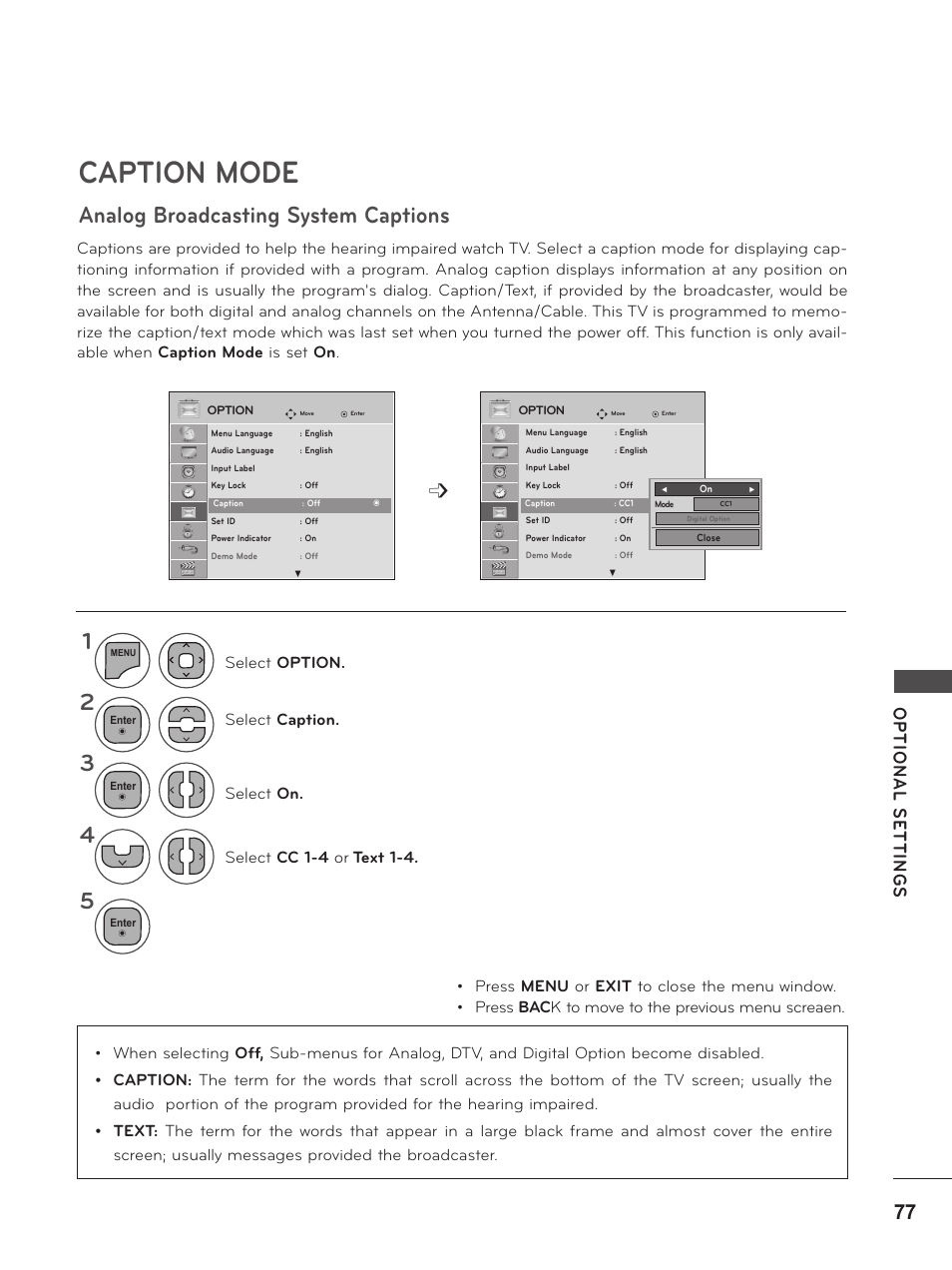 Caption mode, Analog broadcasting system captions | LG M2380D-PU User Manual | Page 77 / 126