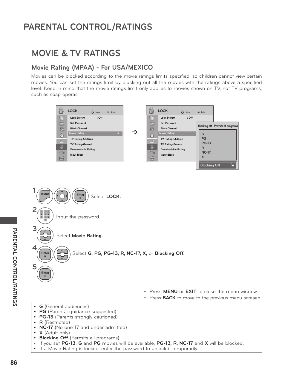 Movie & tv ratings, Movie rating (mpaa) - for usa/mexico, Parental control/ratings | LG M2380D-PU User Manual | Page 86 / 126