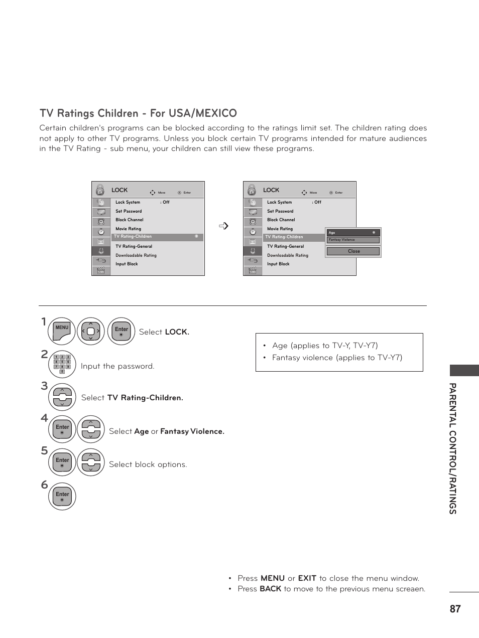 Tv ratings children - for usa/mexico | LG M2380D-PU User Manual | Page 87 / 126