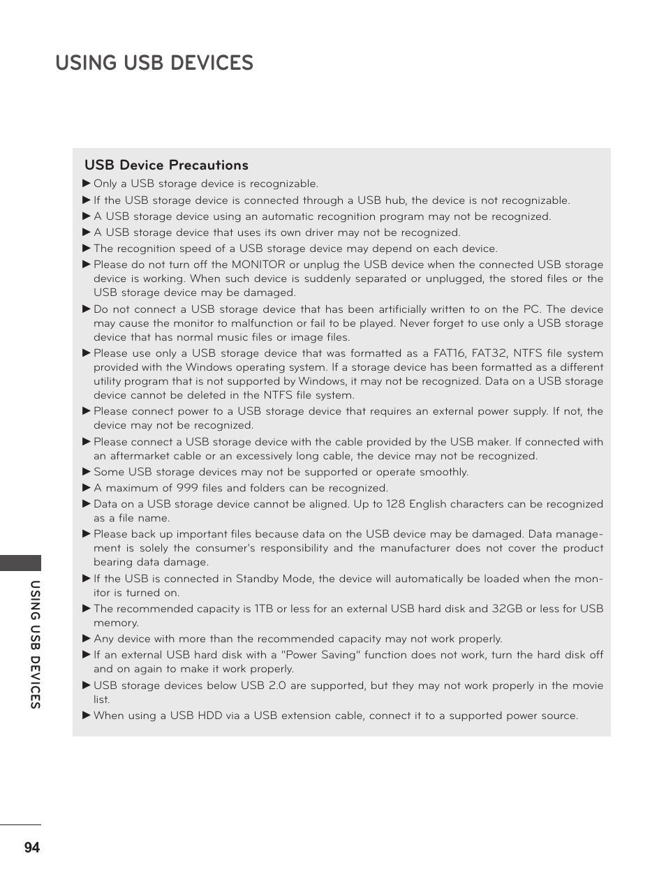 Using usb devices, Usb device precautions | LG M2380D-PU User Manual | Page 94 / 126
